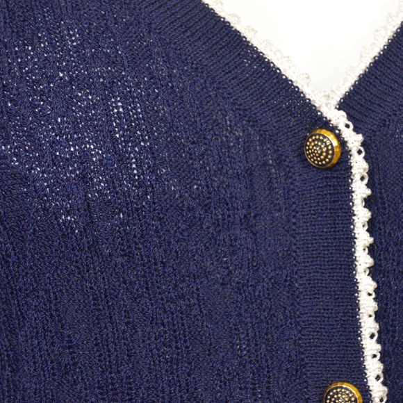 St. John Collection Navy Lacey Knit Enameled Buttons Cardigan - Picture 9 of 12